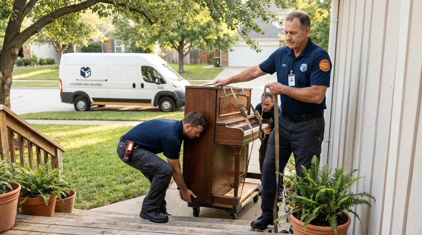 Licensed piano movers securing grand piano in Louisville, IL