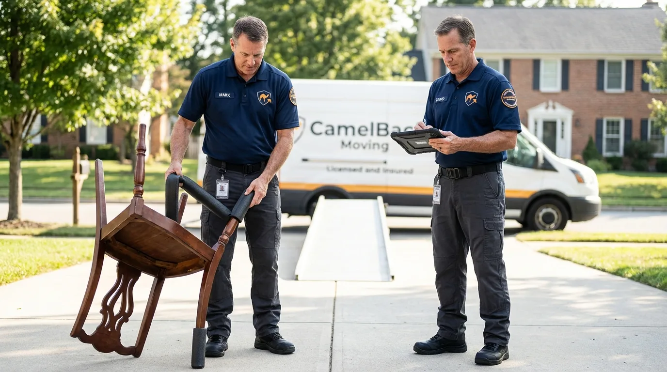 Movers inspecting furniture for damage prevention before loading in Louisville, IL