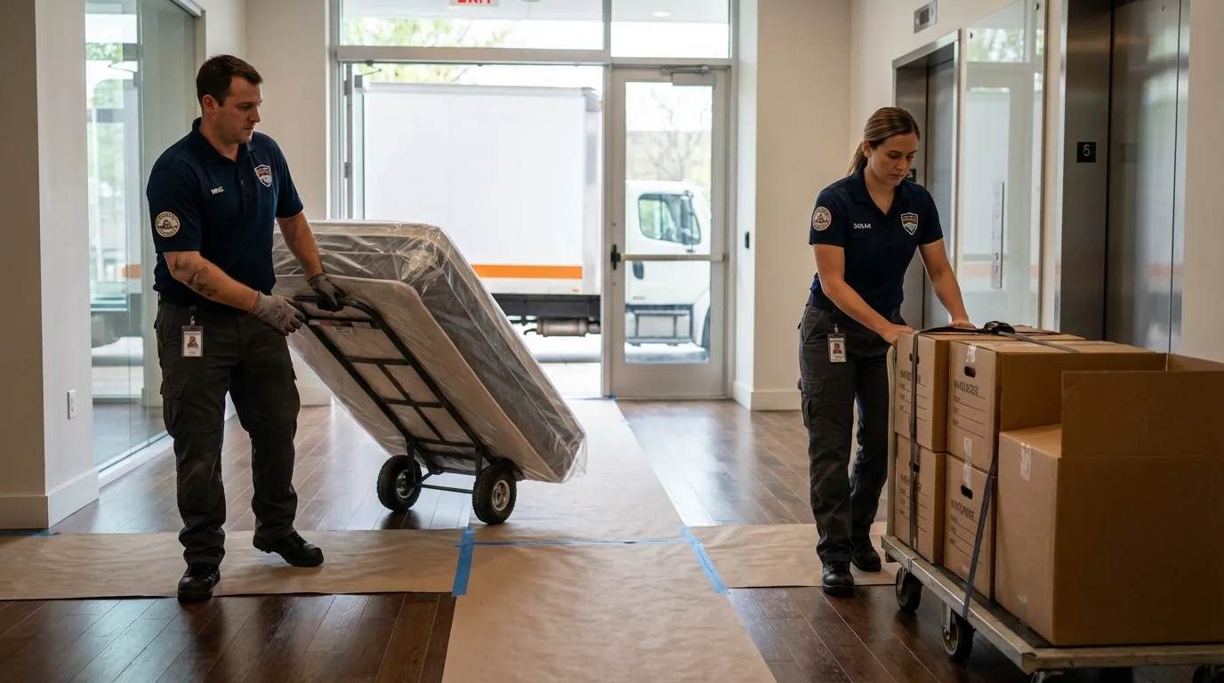 Professional apartment movers loading elevator in Louisville, IL