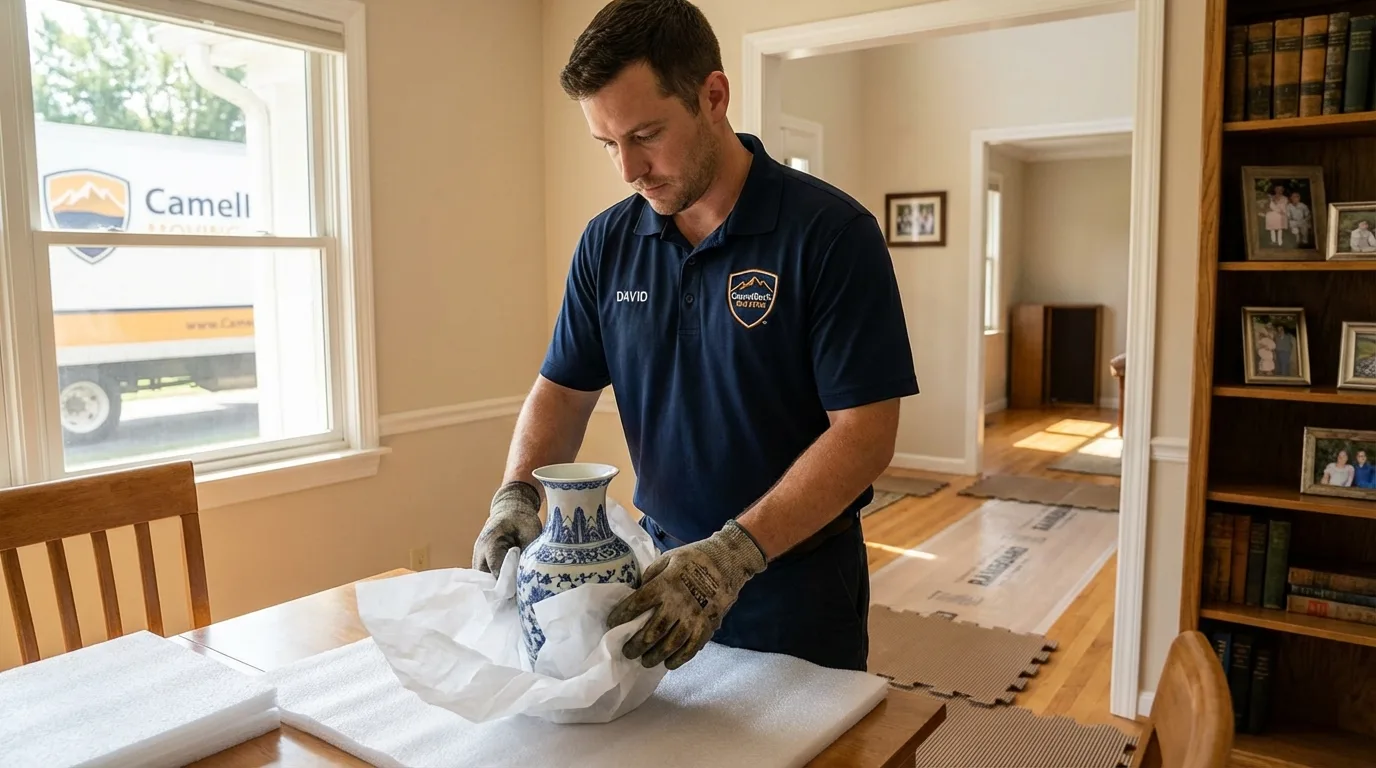 Professional crew carefully wrapping antique vase for senior downsizing move in Louisville, IL
